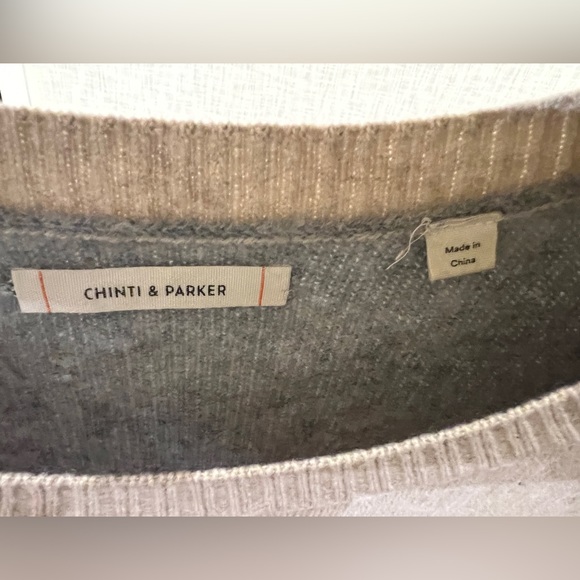 100% Cashmere Chinti & Parker Relaxed Colorblock Crew. L. Beige, Gray, Black. - Picture 7 of 13